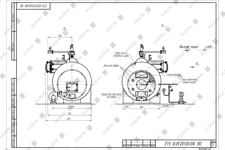 Чертеж твердотопливного парогенератора 1000 кг 170 С